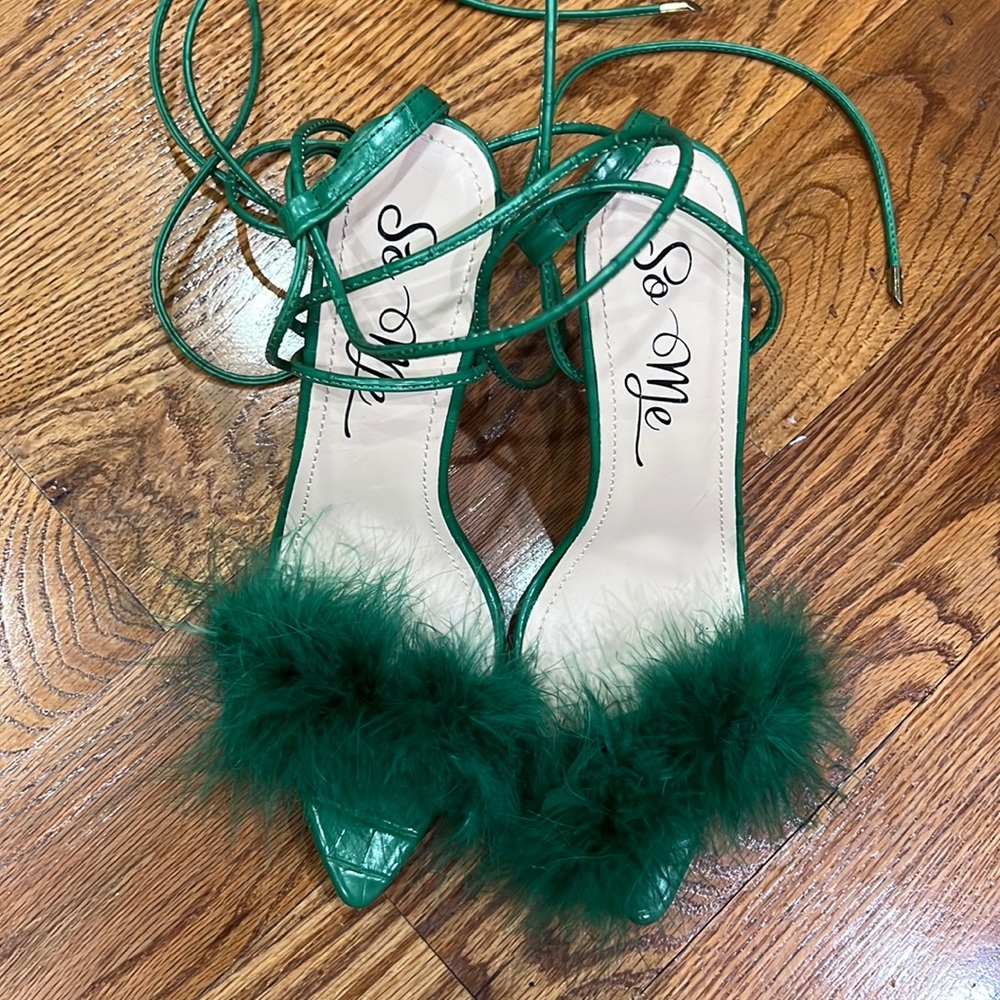 Green open toe feathered heels